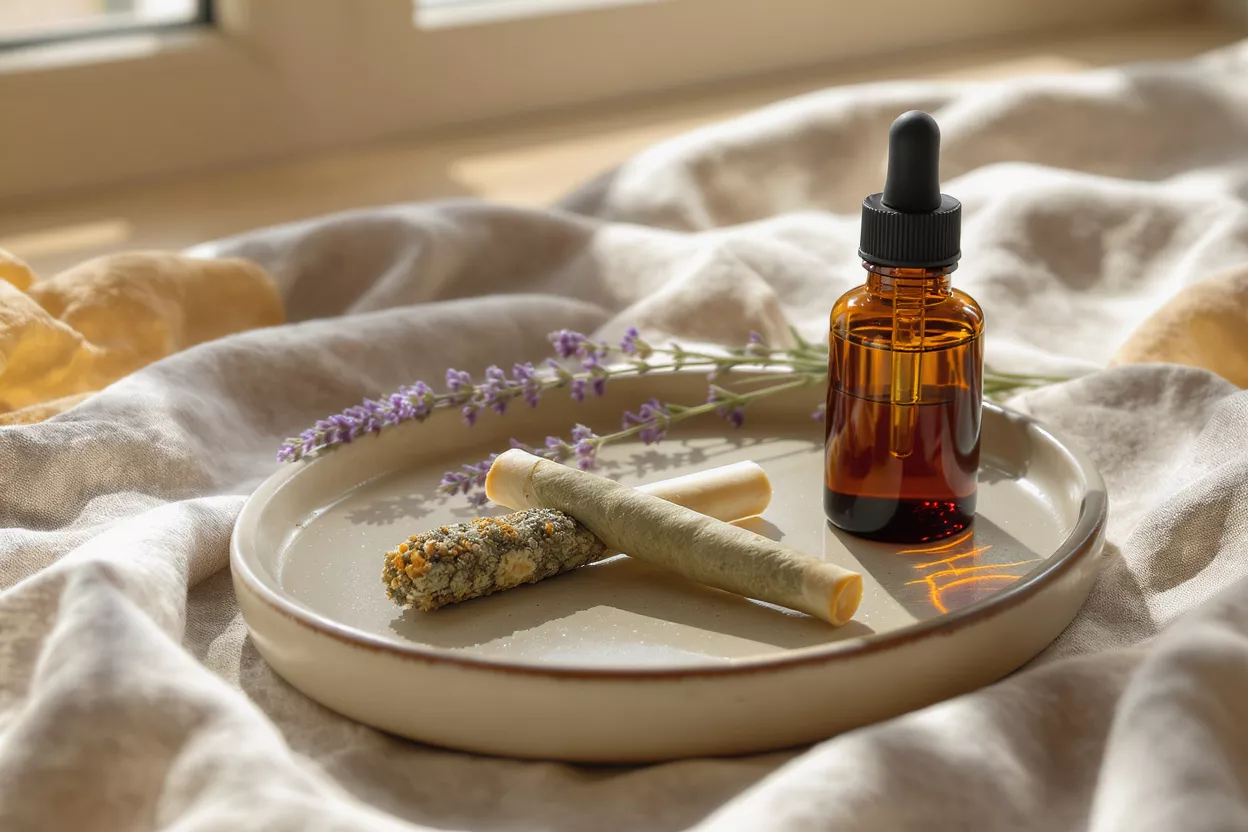 Amber CBD oil dropper bottle, pre-rolls, and lavender on a light-colored plate.