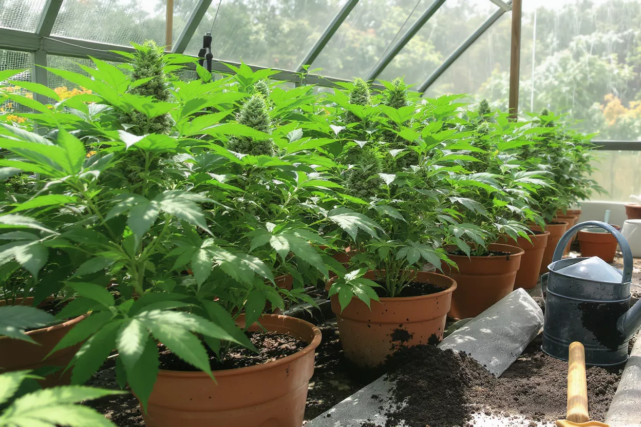 Rows of vibrant green cannabis plants with visible buds growing in a greenhouse.