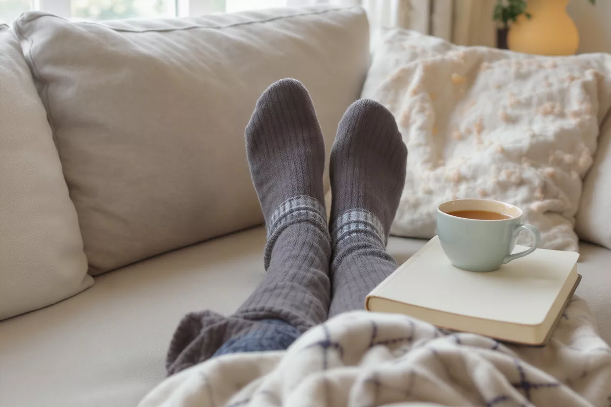Person relaxing on a couch with gray socks, a book, and a cup of tea.