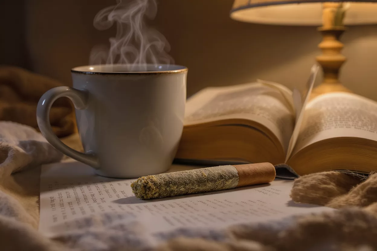 Steaming coffee, open book, and cigar on a table with warm lighting.