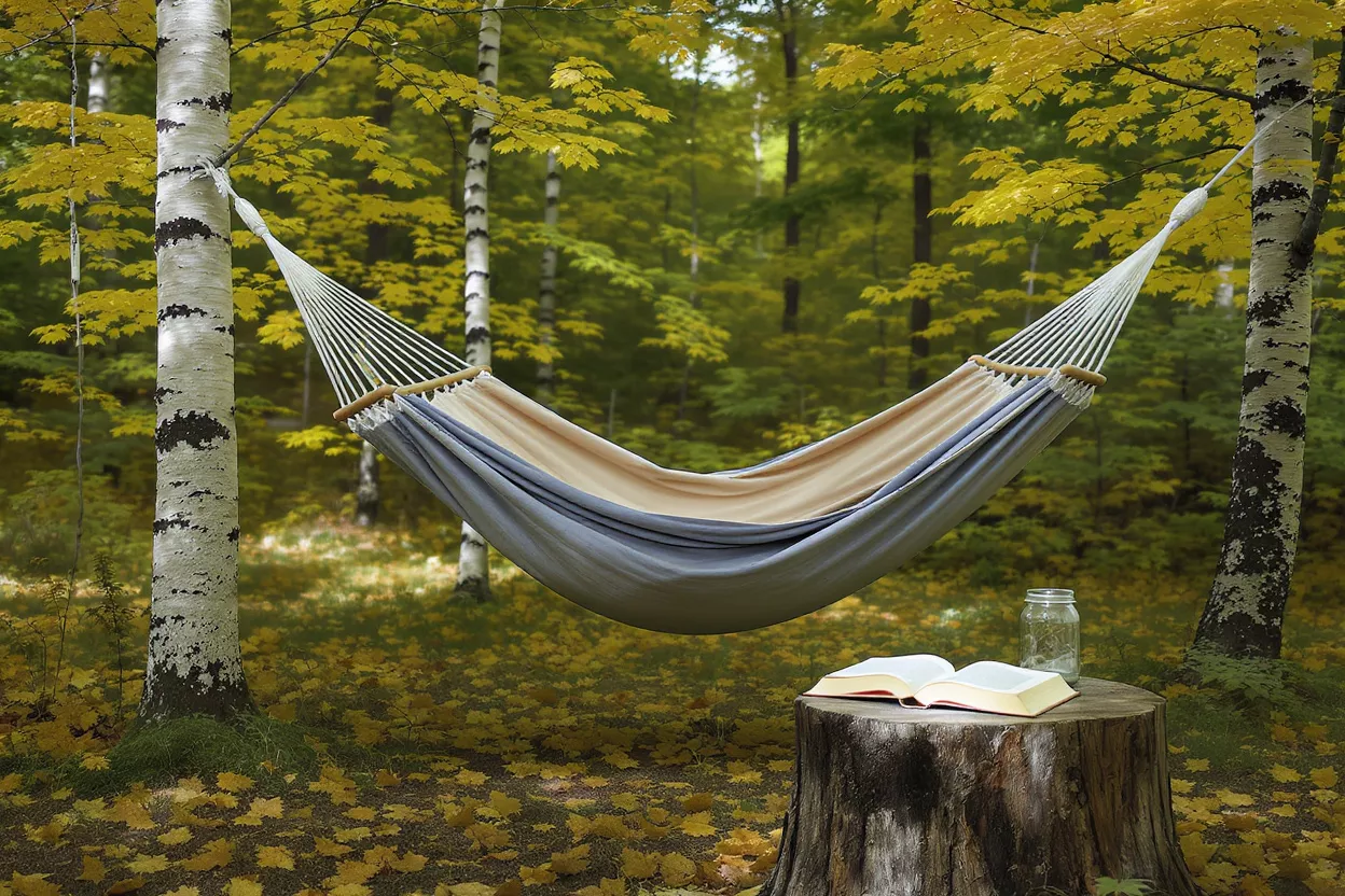 A beige and gray hammock suspended between two birch trees in an autumn forest.