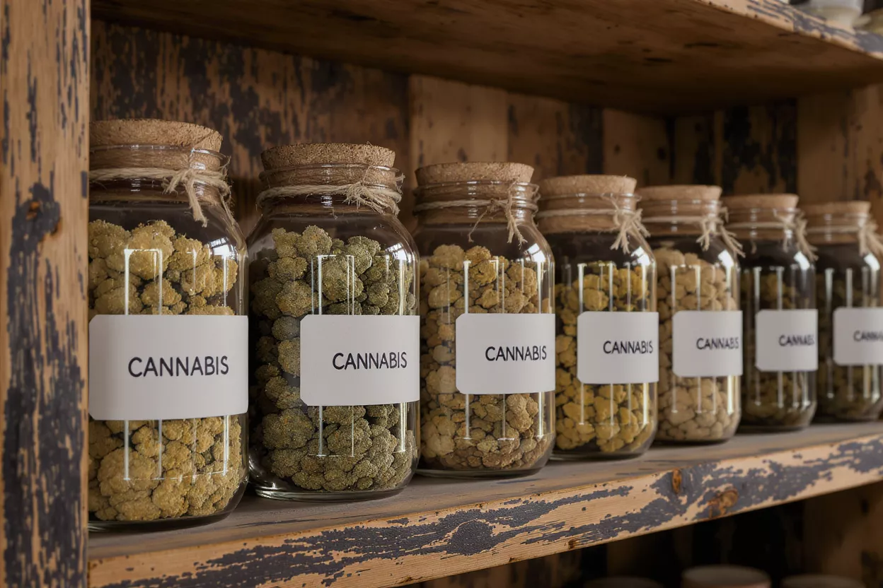 Glass jars filled with cannabis buds, labeled, on a rustic wooden shelf.