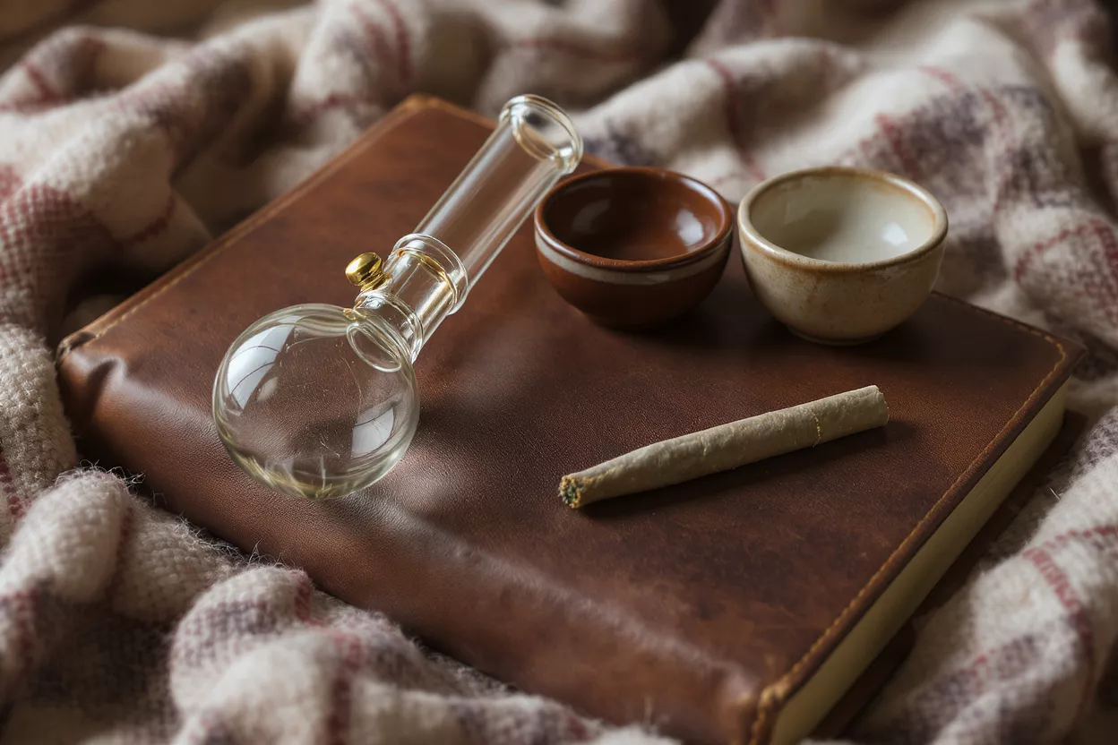 Glass pipe, two small bowls, and a pre-rolled joint on a leather book.