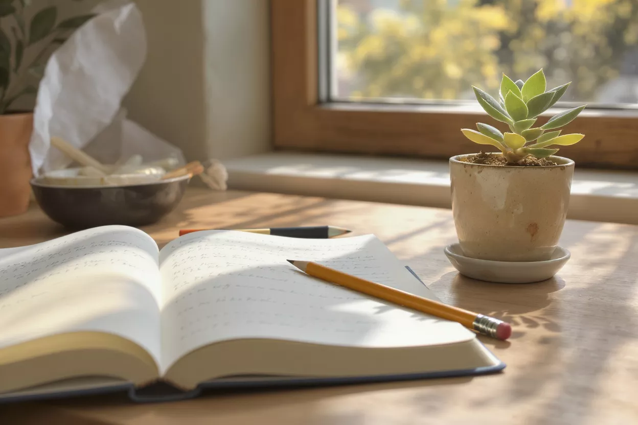 Open notebook with pencil, succulent, and window on a sunlit wooden desk.