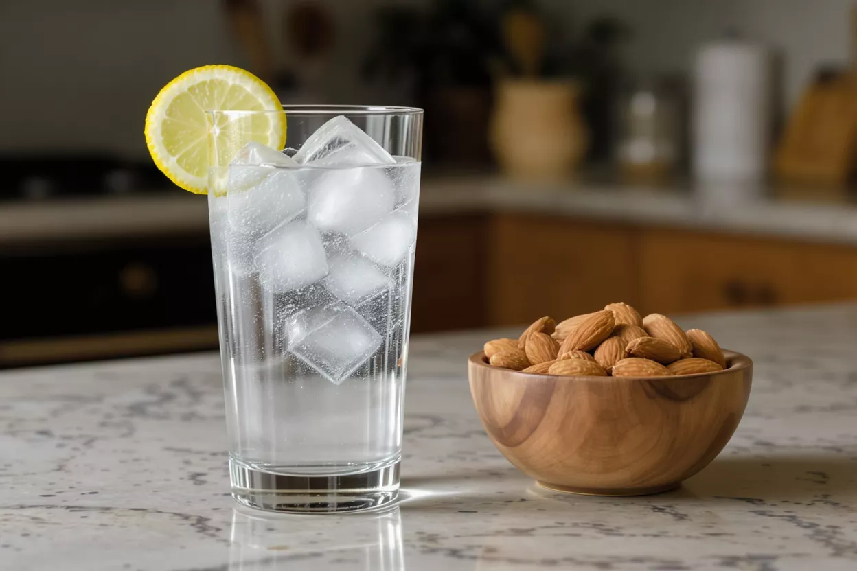 A glass of sparkling water with lemon and a bowl of almonds on a kitchen counter.