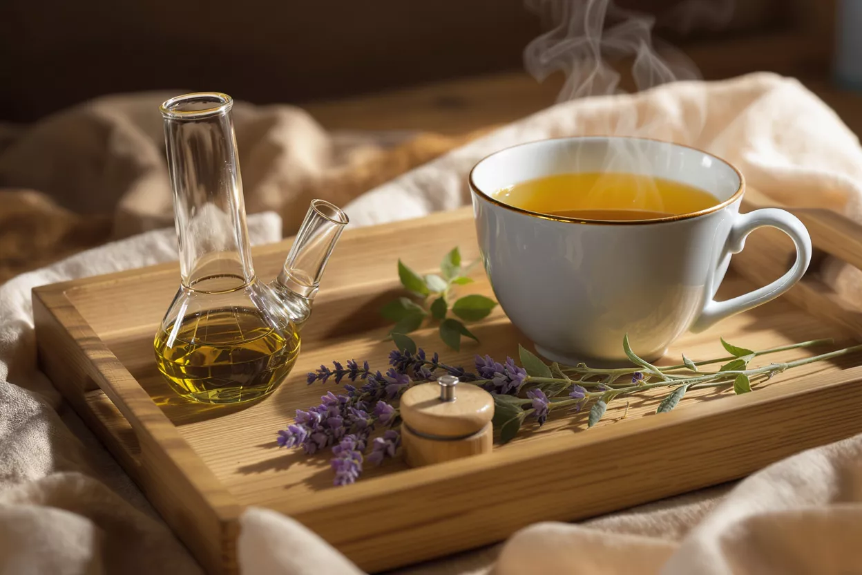 Steaming herbal tea, oil in a glass bong, lavender on a wooden tray.