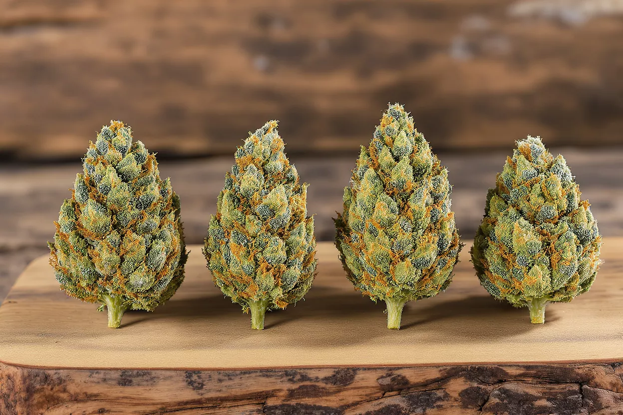 Four vibrant cannabis buds with orange hairs and trichomes on a wooden board.