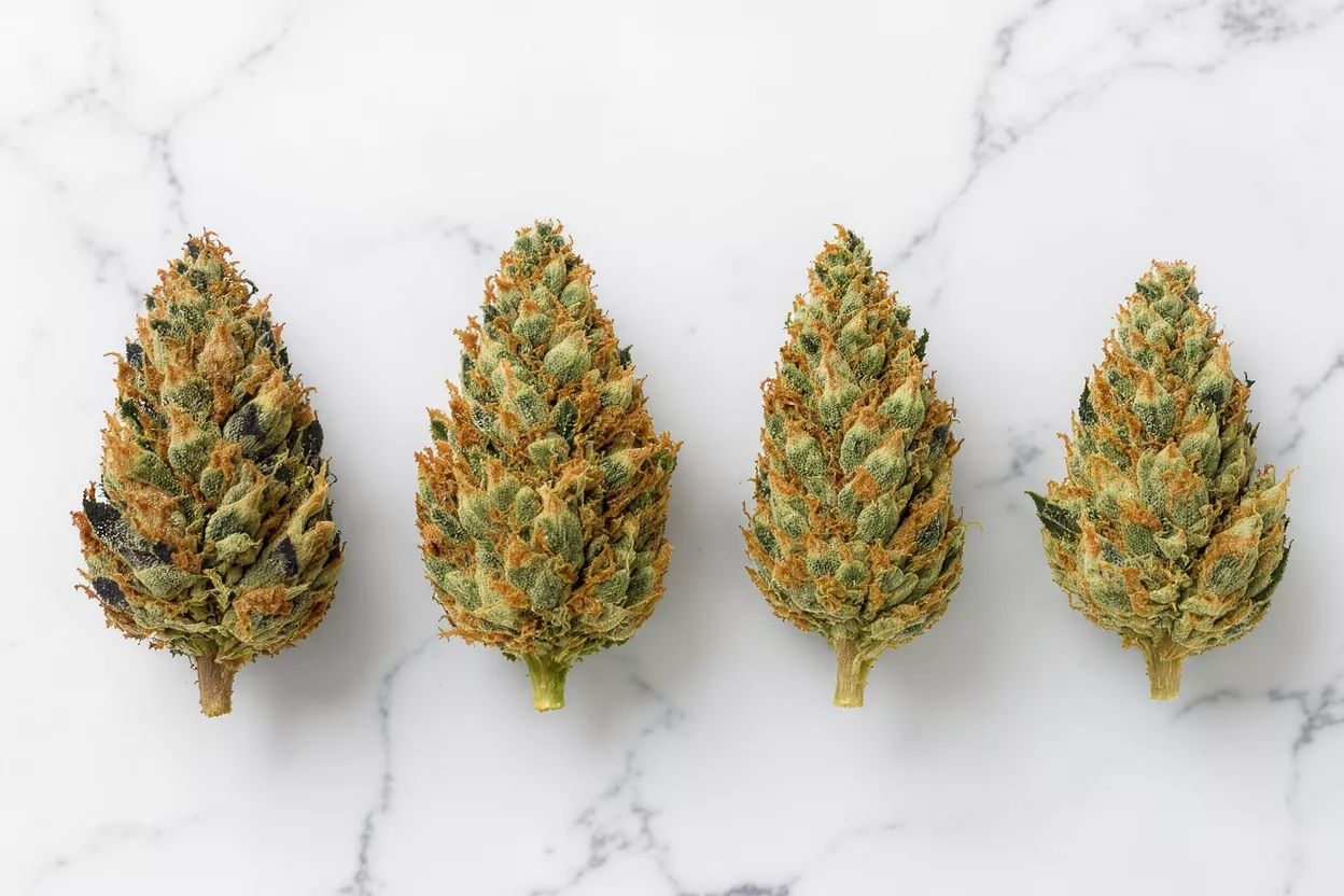 Quatre Têtes de Cannabis sur Marbre Quatre têtes de cannabis vibrantes avec des poils orange et des feuilles vertes sur un fond de marbre blanc.