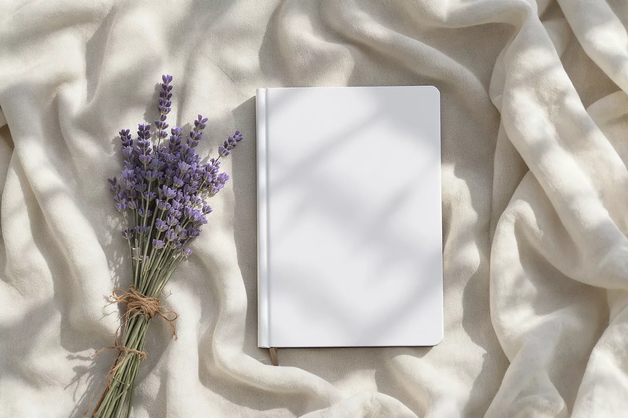White notebook and lavender bouquet on a cream fabric with shadows.