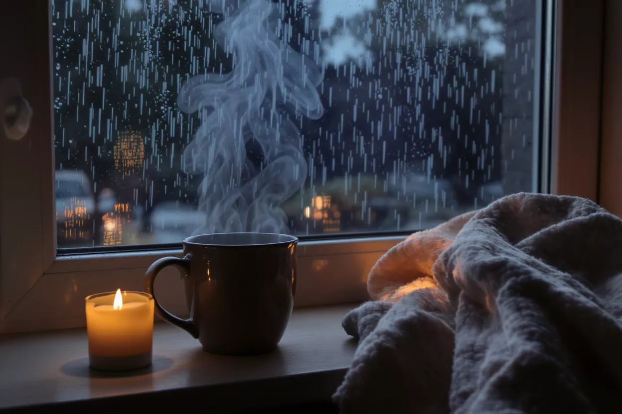 Steaming mug, lit candle, and blanket by a rainy window at dusk.