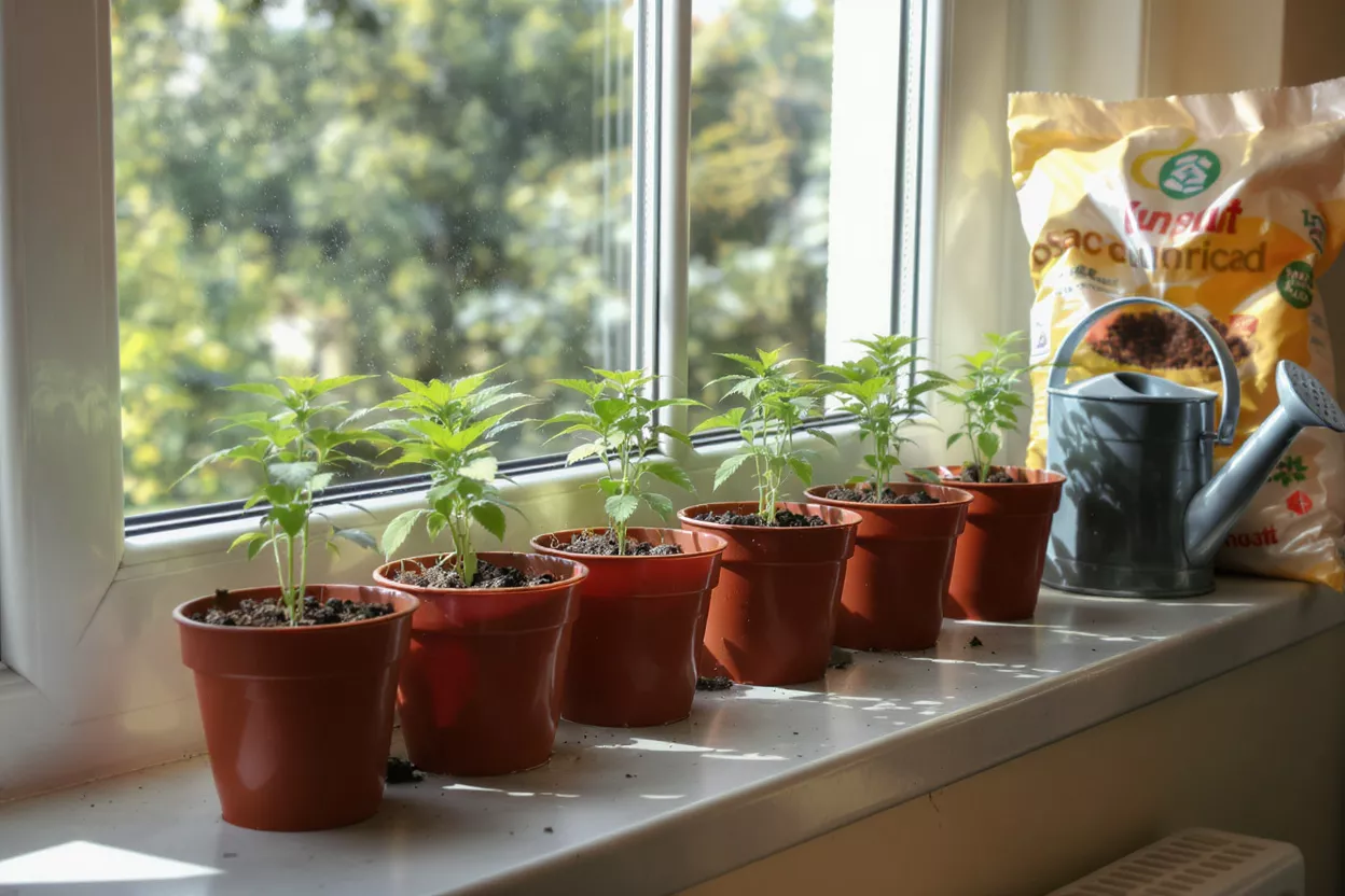Plantones en macetas en el alféizar de la ventana Pequeños plantones verdes en macetas marrones en un alféizar soleado con una regadera.