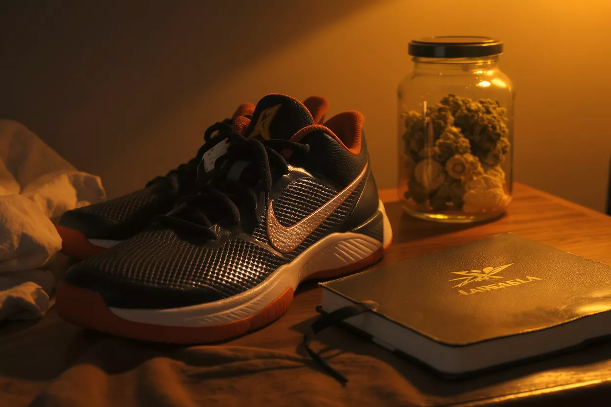 Nike shoes, cannabis jar, and notebook on a wooden surface under warm lighting.