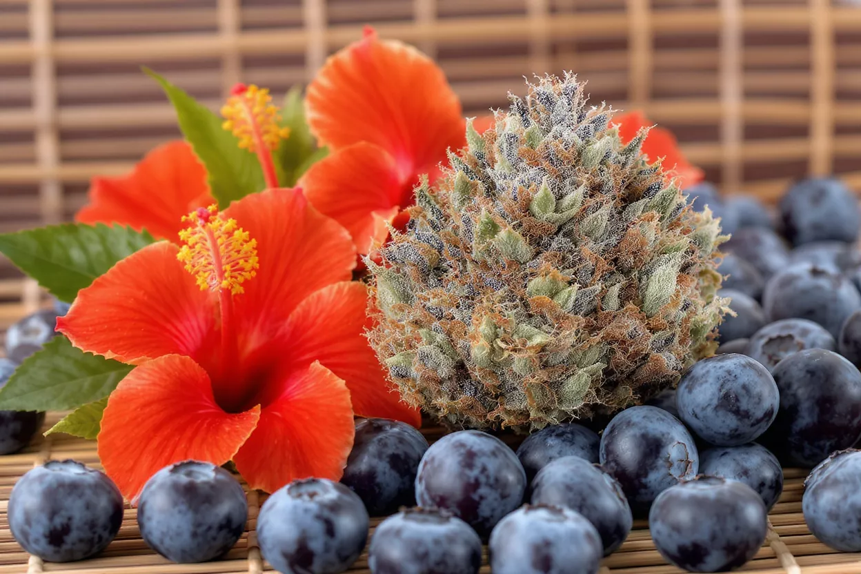 Cannabis bud, red hibiscus flowers, and blueberries on a bamboo mat.