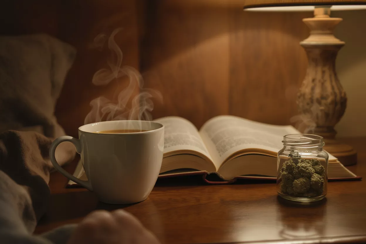 Steaming coffee, open book, cannabis jar on a bedside table with lamp.