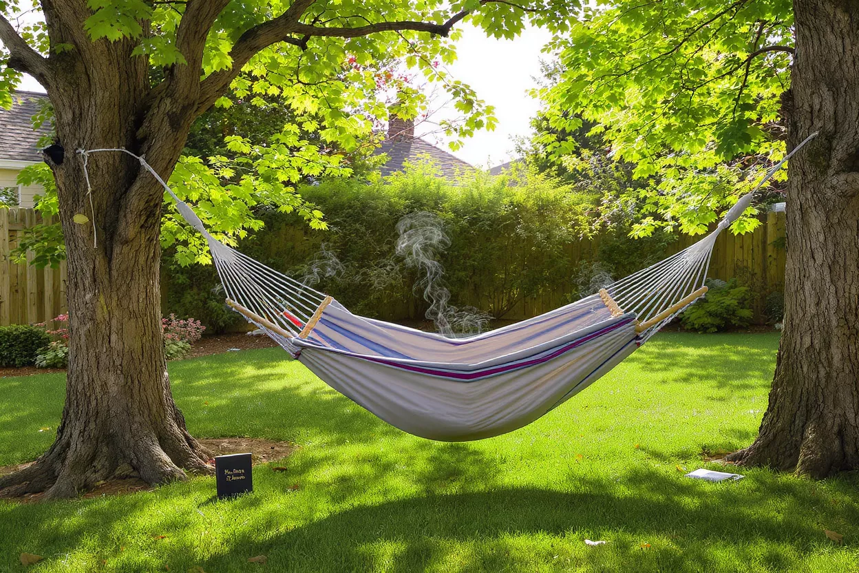 A striped hammock with smoke rising from it, strung between two large trees.