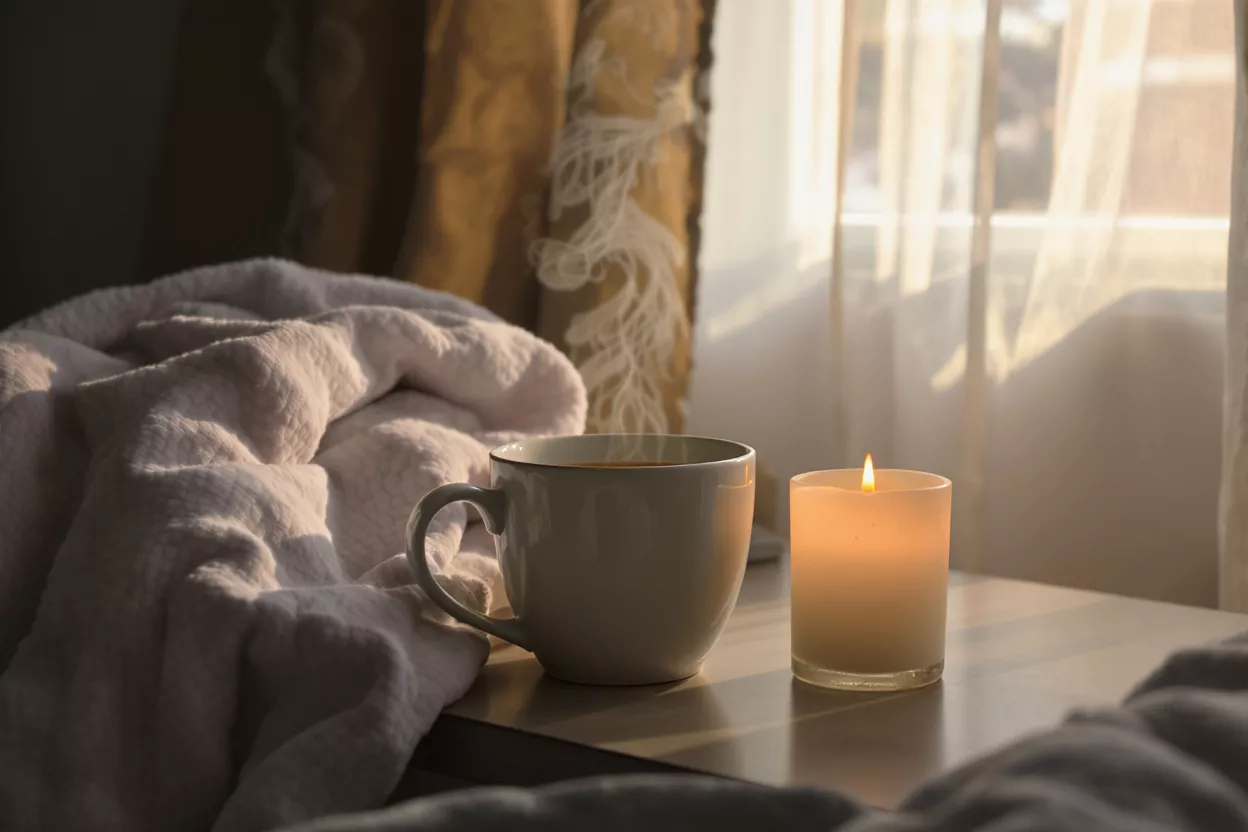 Steaming coffee mug, lit candle, and soft blanket by a sunlit window.