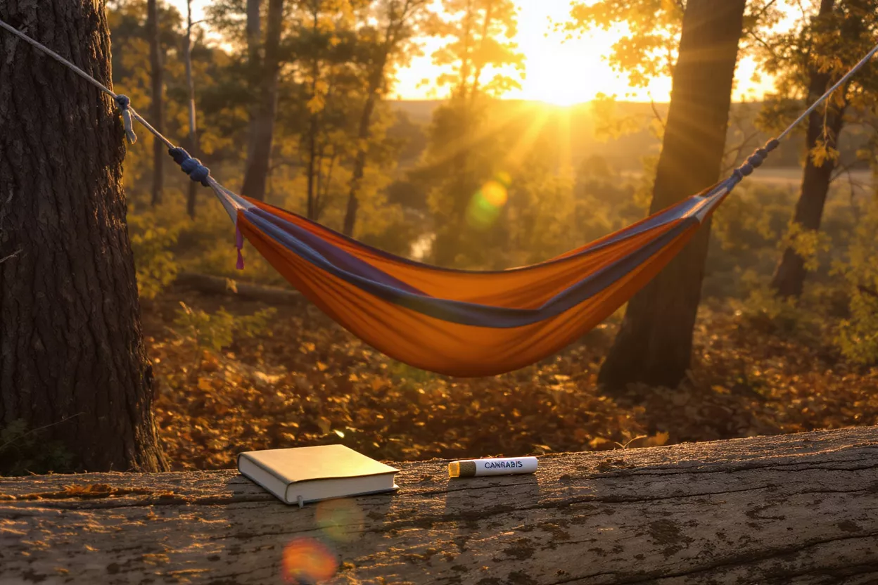 Hamaca tensada entre árboles al atardecer con un libro y un porro preenvuelto.