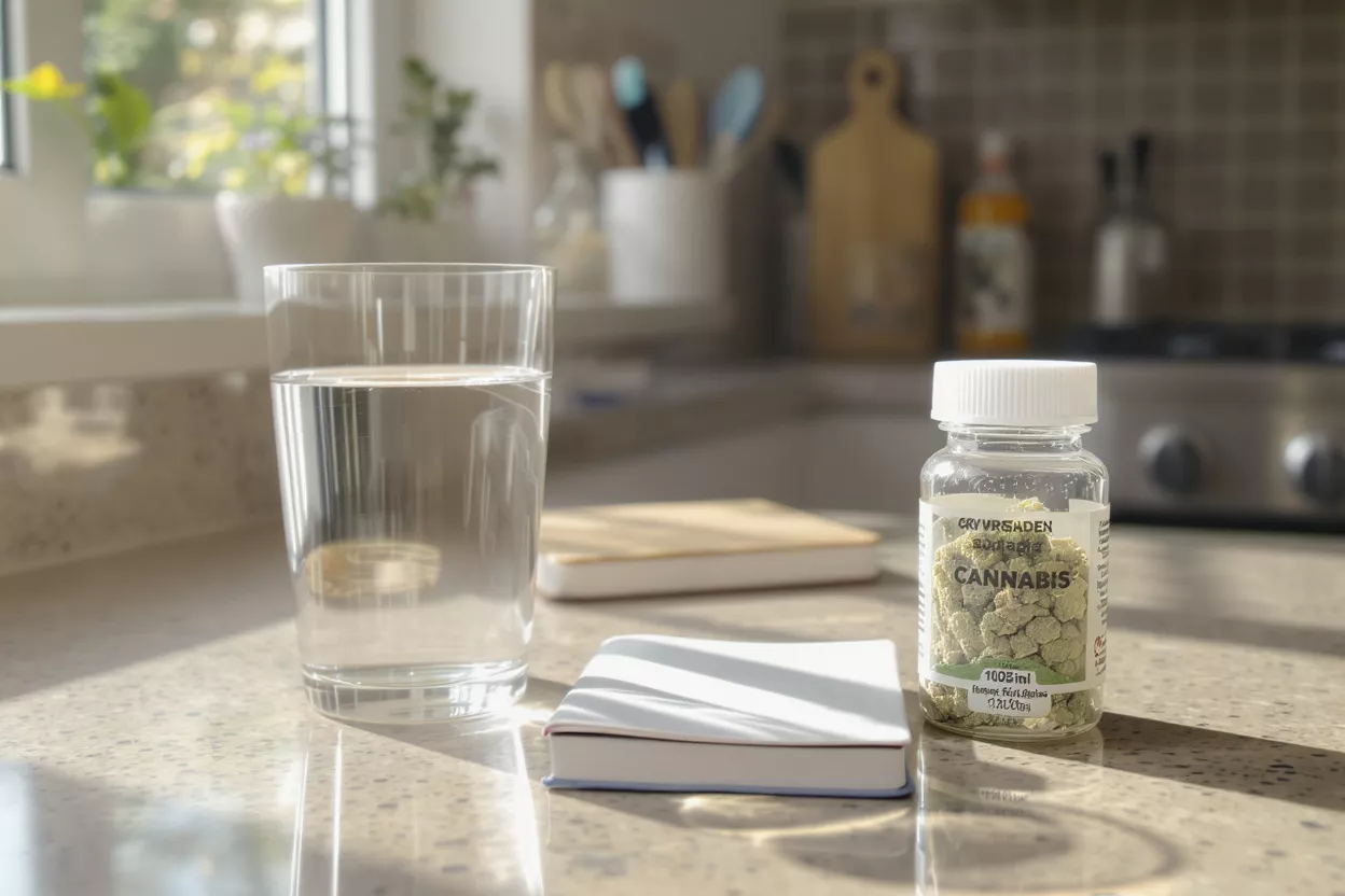 A glass of water, a notebook, and a cannabis medication bottle on a kitchen counter.