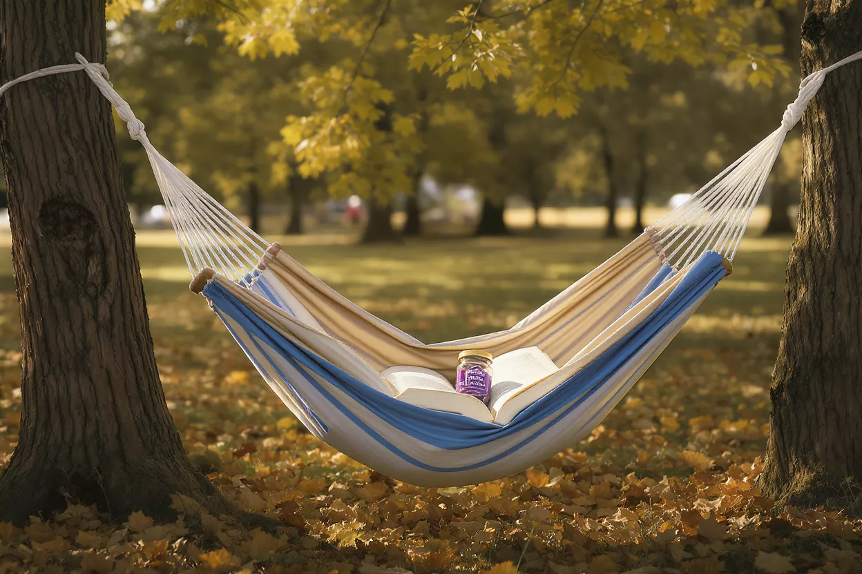 A striped hammock with a book and jar of honey, suspended between two trees.