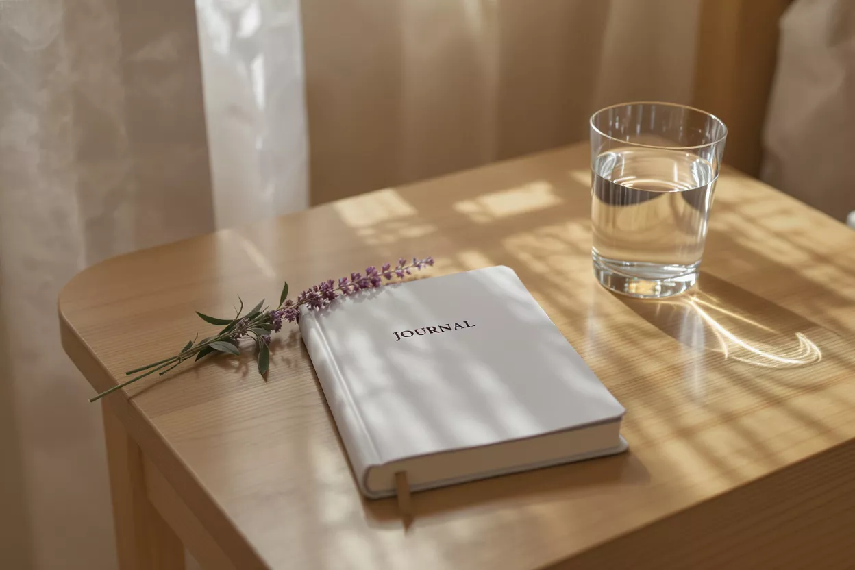 Diario blanco, ramita de lavanda y vaso de agua sobre una mesa de madera.