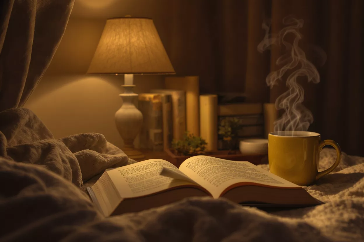 An open book, steaming coffee, and warm lamp create a cozy reading atmosphere.