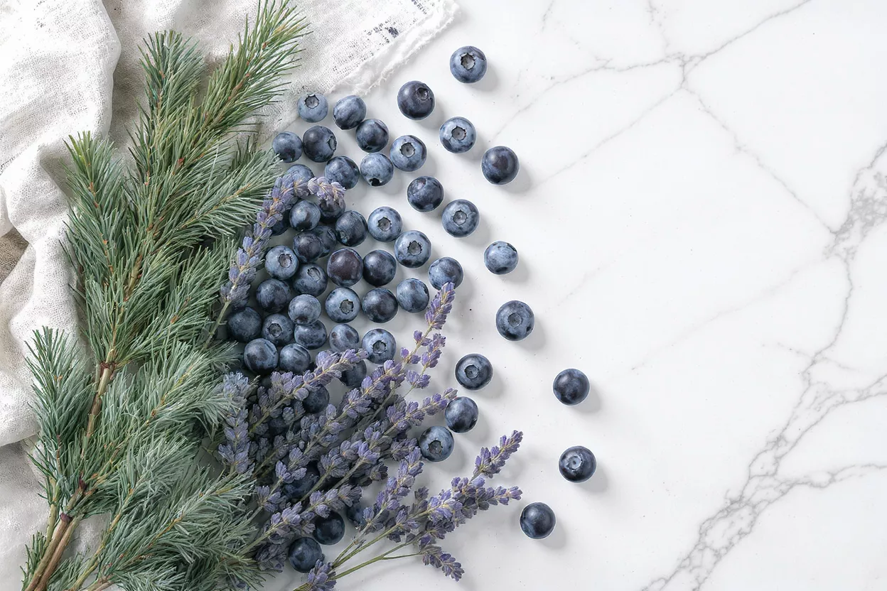 Blueberries, lavender, and pine sprigs on a white marble surface with a linen cloth.