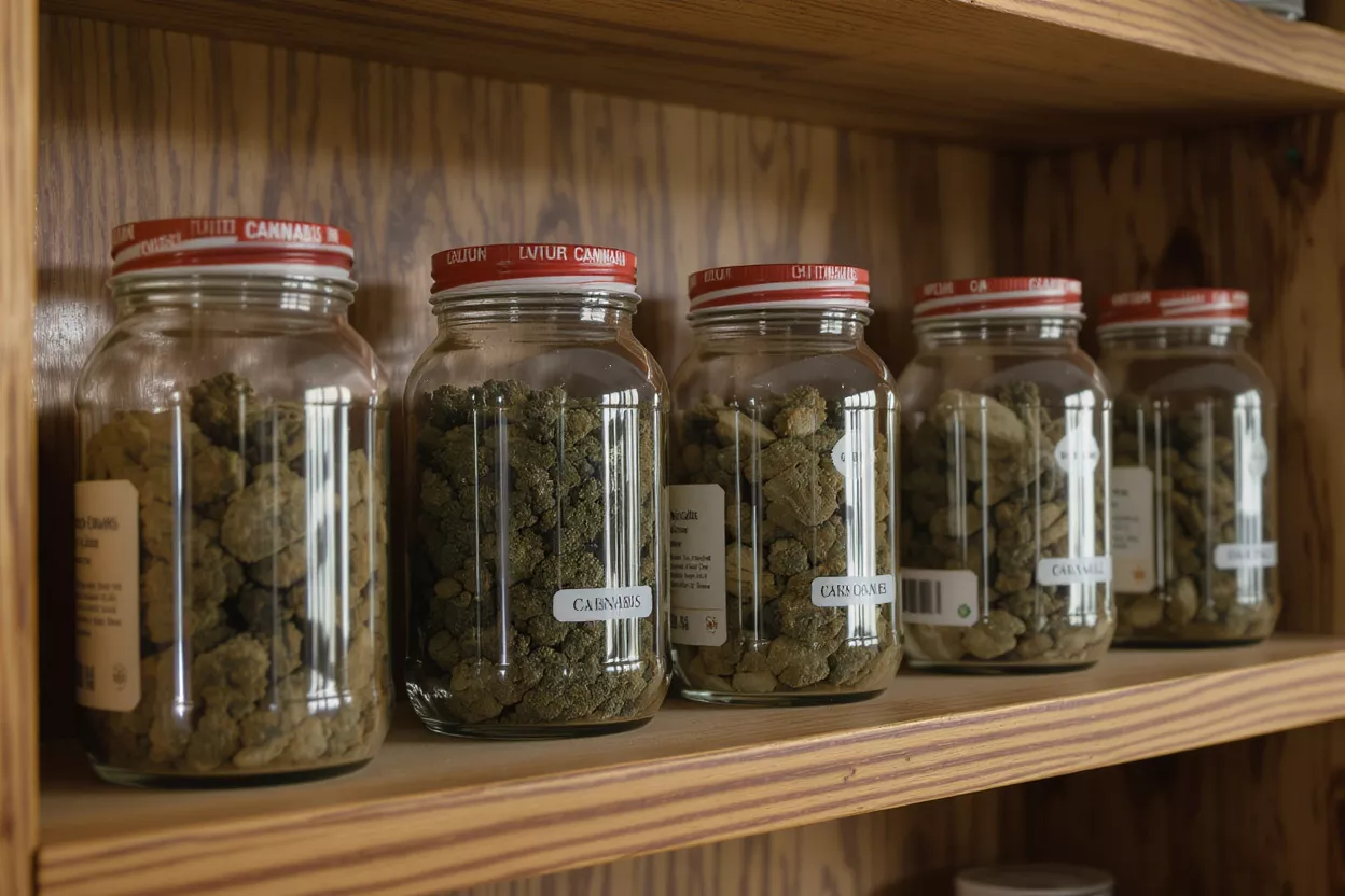 Plusieurs bocaux en verre remplis de bourgeons de cannabis exposés sur une étagère en bois.