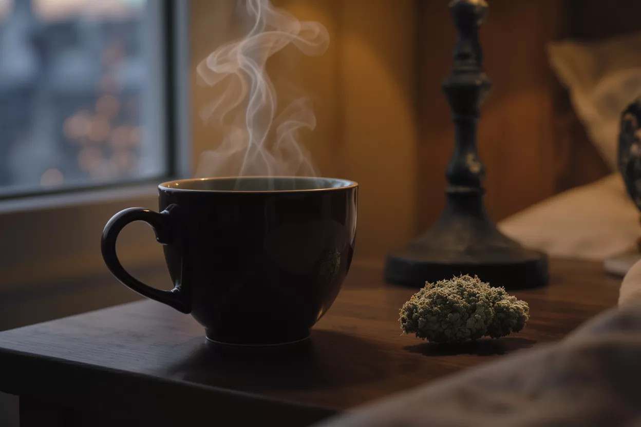 Steaming coffee mug and cannabis bud on a bedside table in soft light.