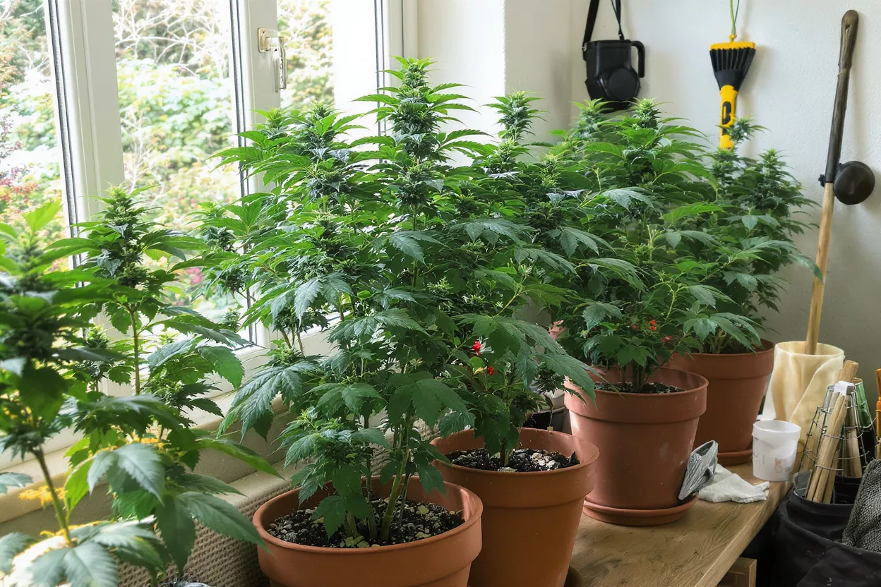 Several cannabis plants in terracotta pots by a window, showing lush green leaves.