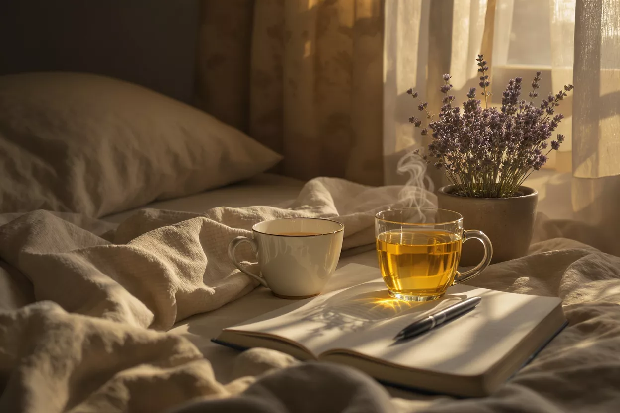 Steaming tea, open journal, and lavender plant on a bed in warm sunlight.