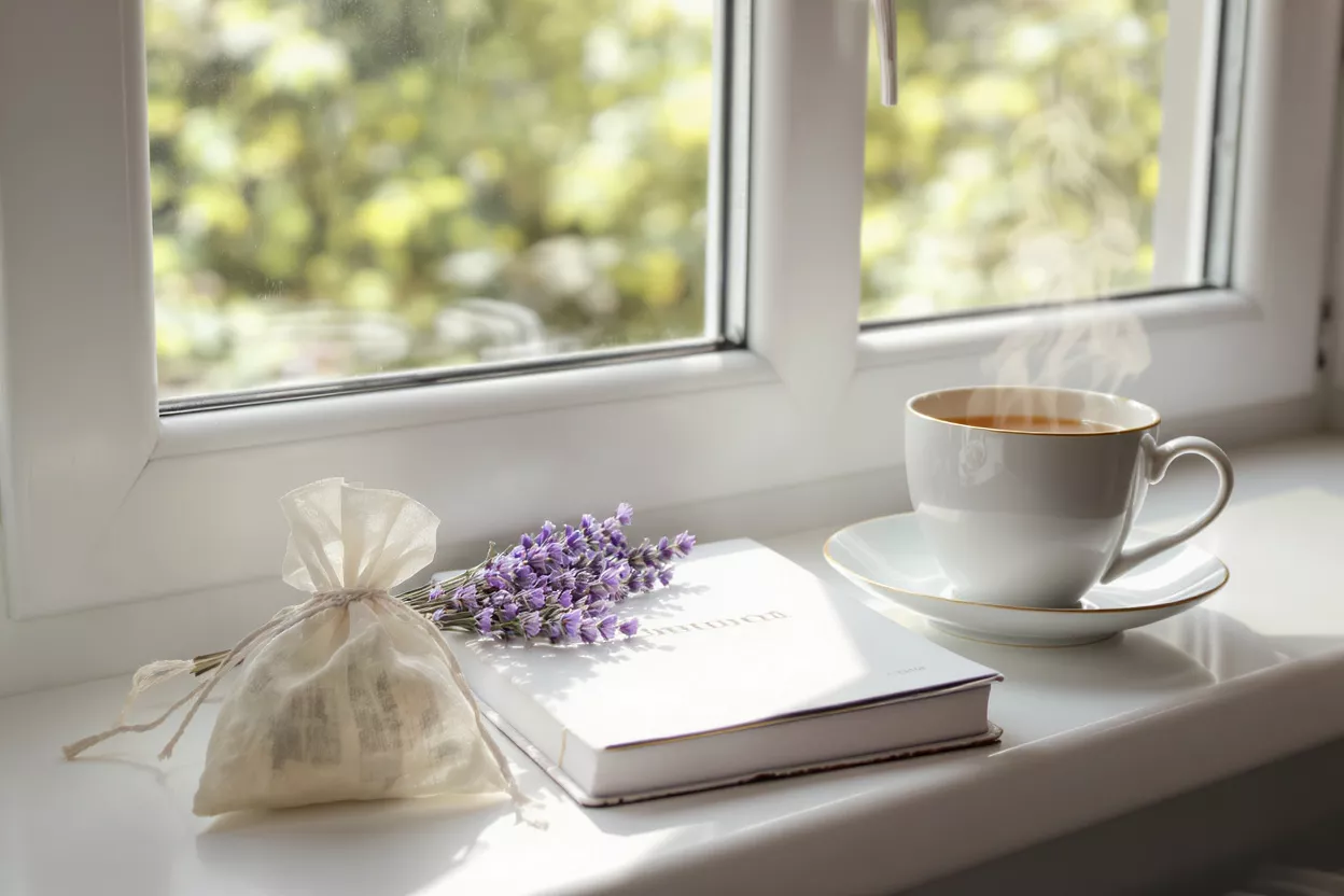 Escena acogedora de ventana con lavanda y té Té humeante, lavanda y un libro en un alféizar soleado con fondo verde.