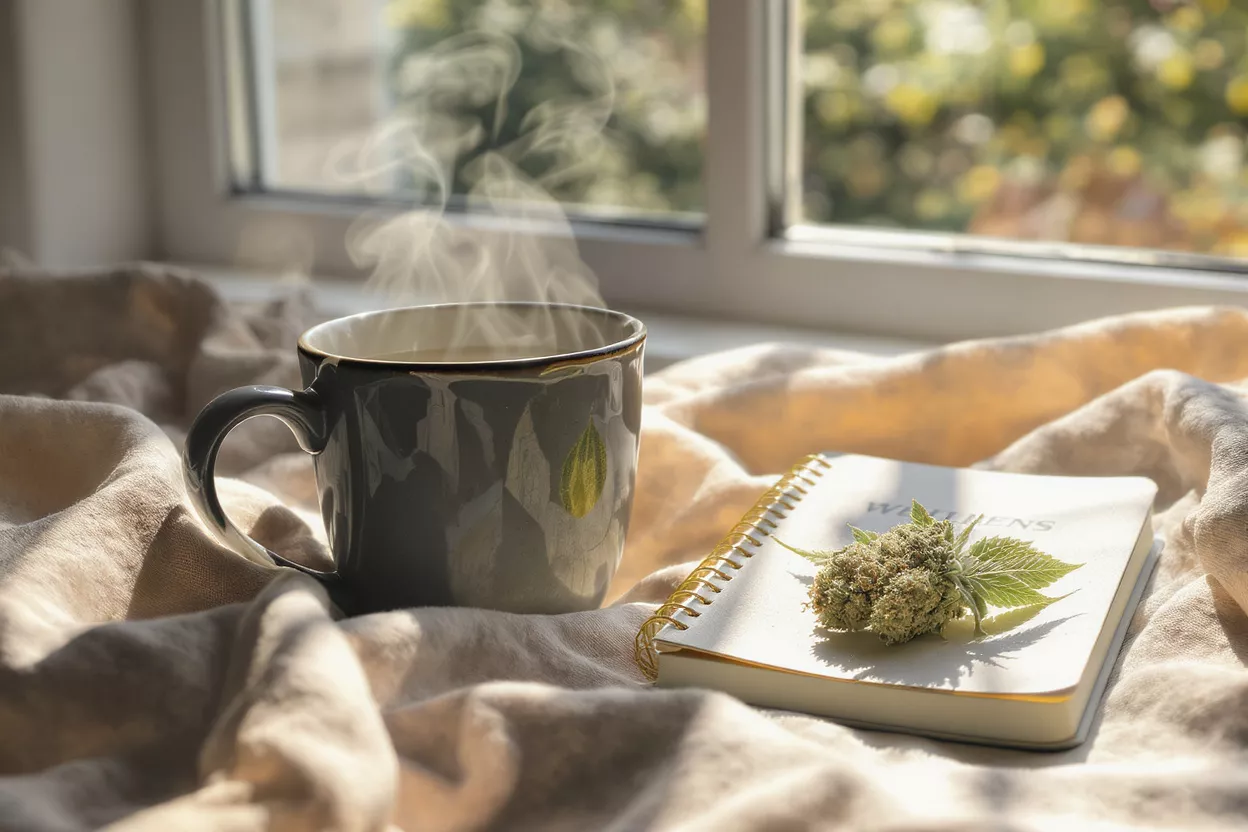 Steaming mug, cannabis bud, and notebook on a blanket by a sunlit window.