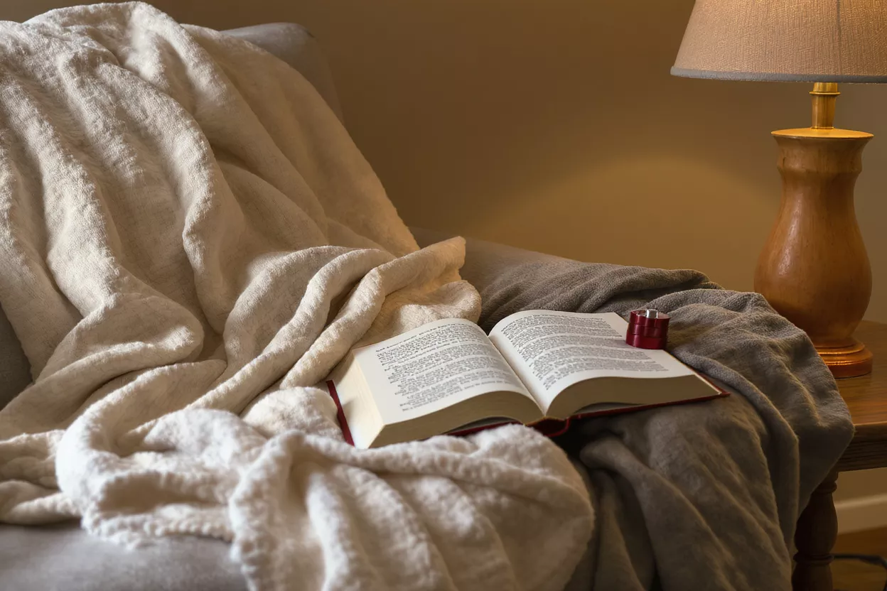 Open book, red grinder, and cozy blankets on a chair next to a lamp.