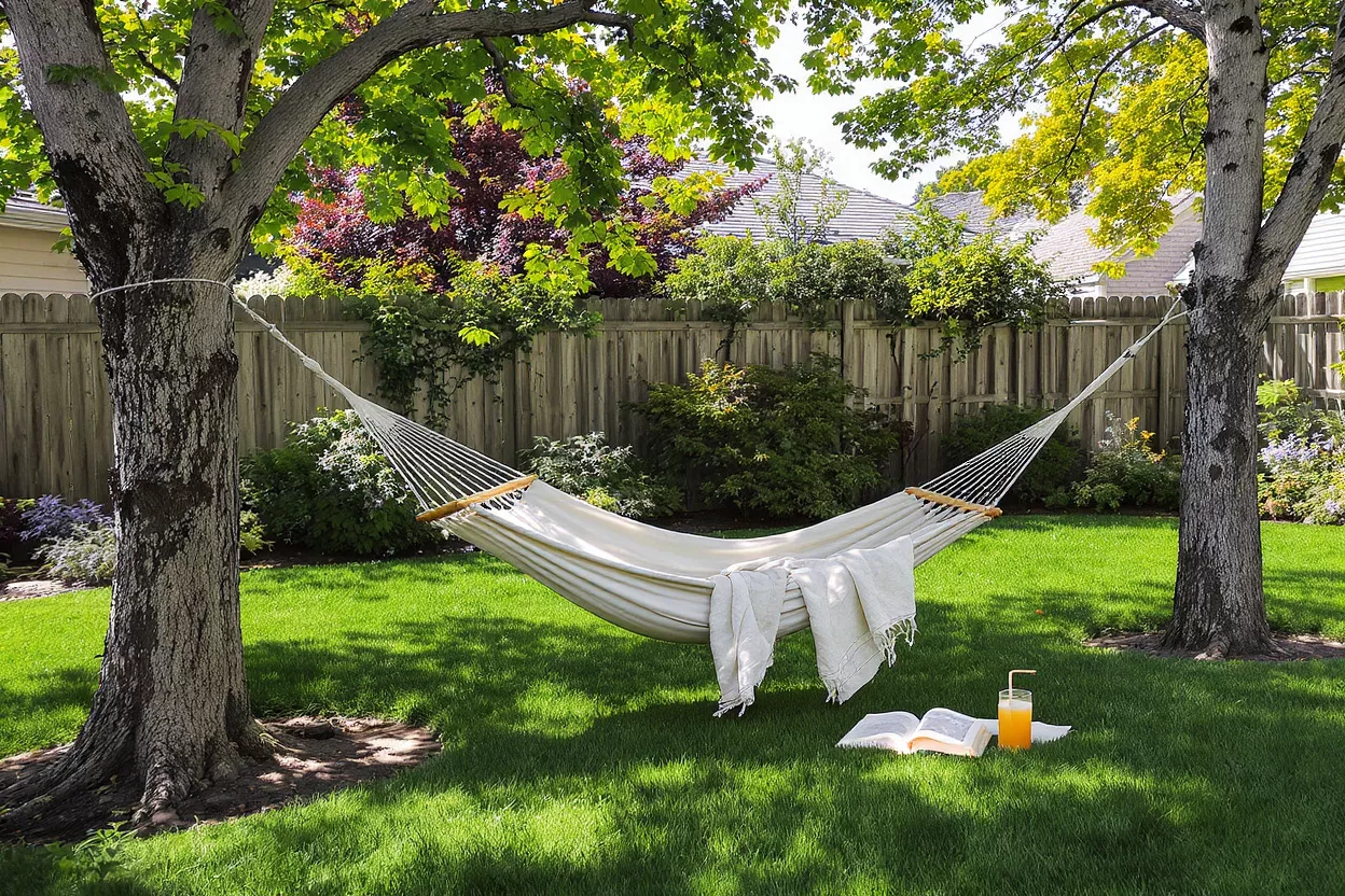 A white hammock strung between two trees in a lush green backyard.