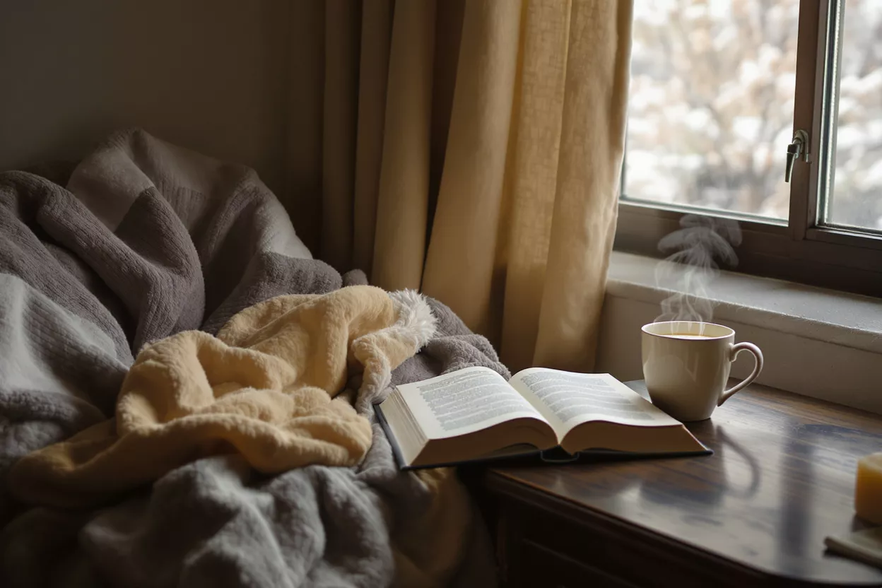 A cozy reading nook with blankets, an open book, and a steaming cup of coffee.