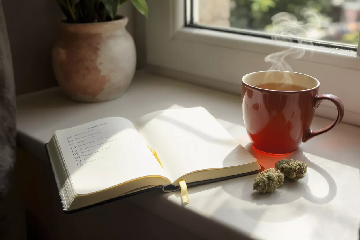 Cannabis buds, steaming tea, and open journal on a sunlit windowsill.