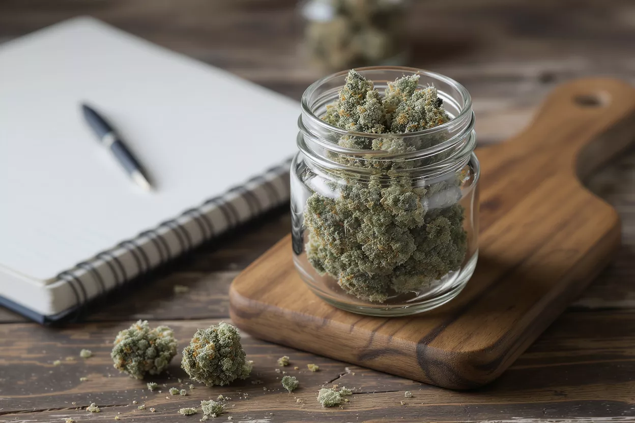 Cannabis buds in a glass jar on a wooden board with a notebook and pen.