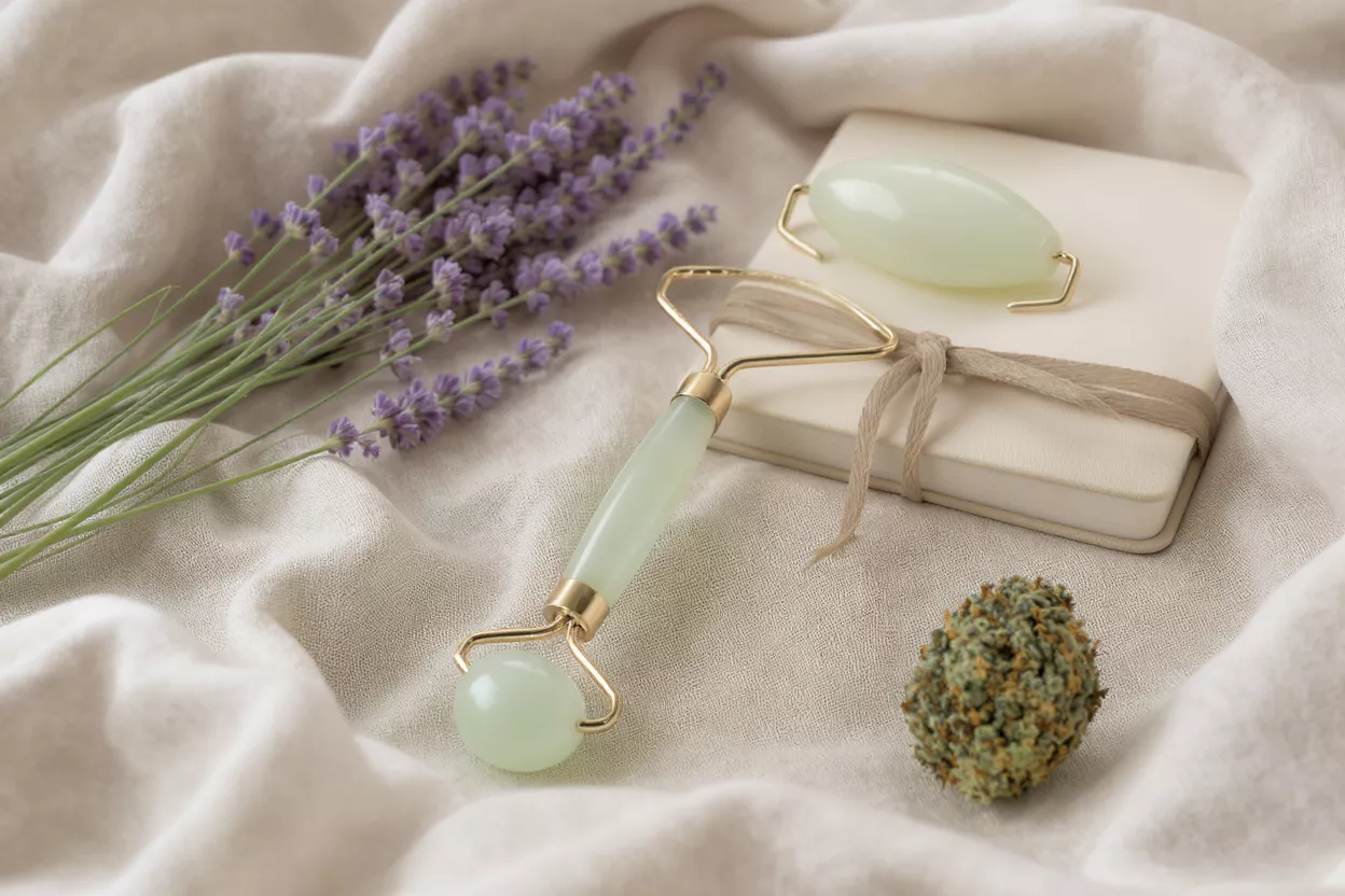 Lavender, jade roller, and cannabis bud on a light fabric for relaxation.