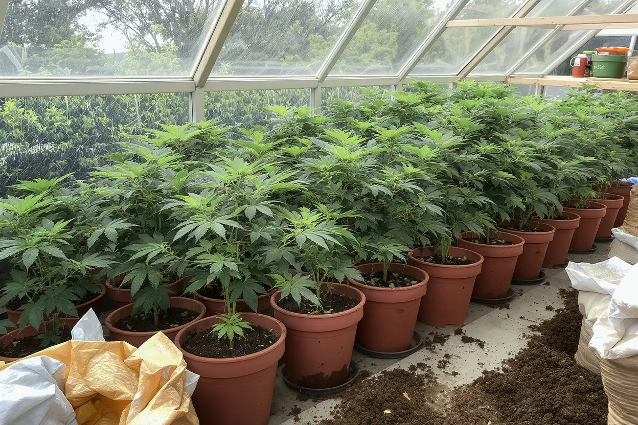 Rows of vibrant green cannabis plants growing in terracotta pots inside a greenhouse.