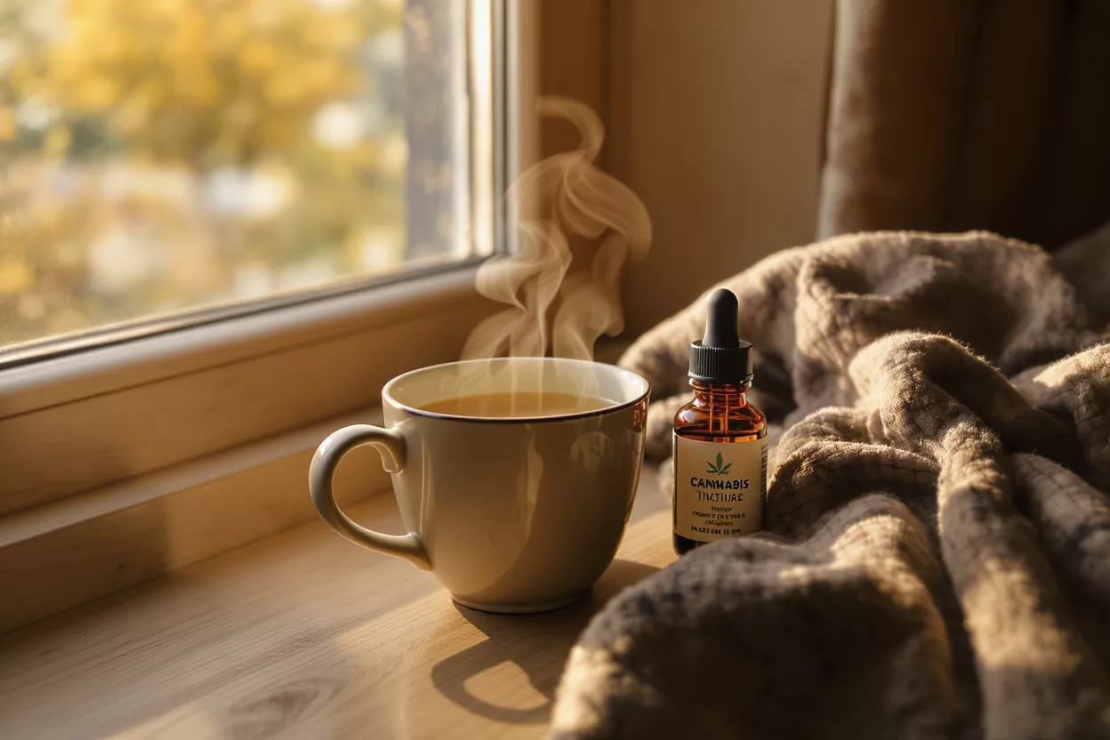 Steaming coffee mug and cannabis tincture bottle on a windowsill with a blanket.