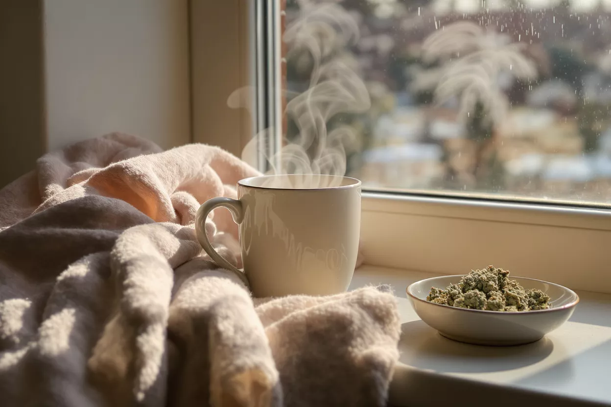 Steaming coffee mug, soft blanket, and cannabis buds on a sunlit windowsill.