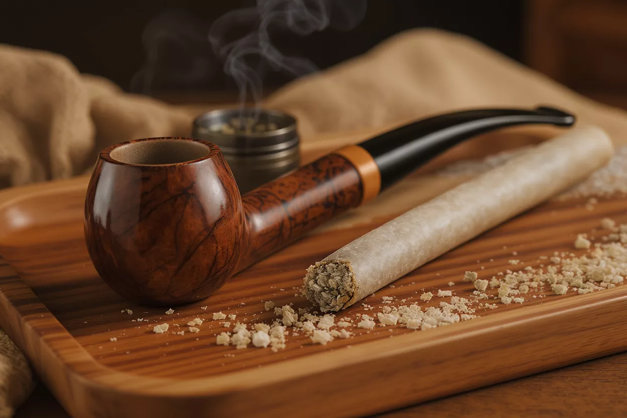 A wooden pipe, pre-roll, and grinder on a wooden tray with smoke.