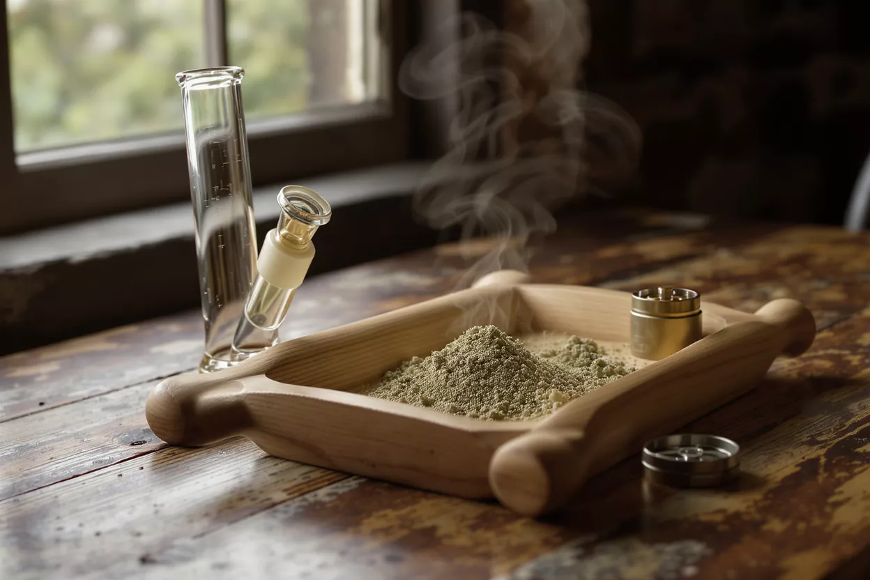 A wooden tray with kief, a glass bong, and a grinder on a wooden table.