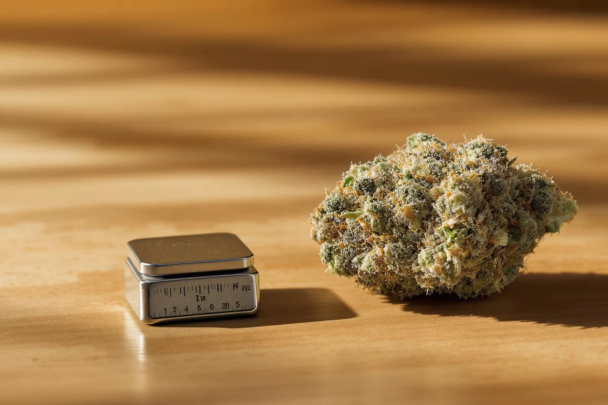 A cannabis bud next to a small silver scale on a wooden surface.