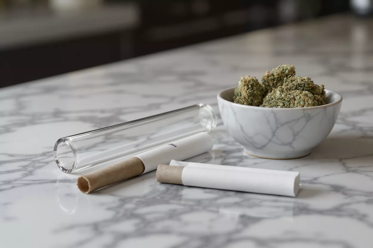Cannabis buds in a bowl with pre-rolls and a glass tube on a marble surface.