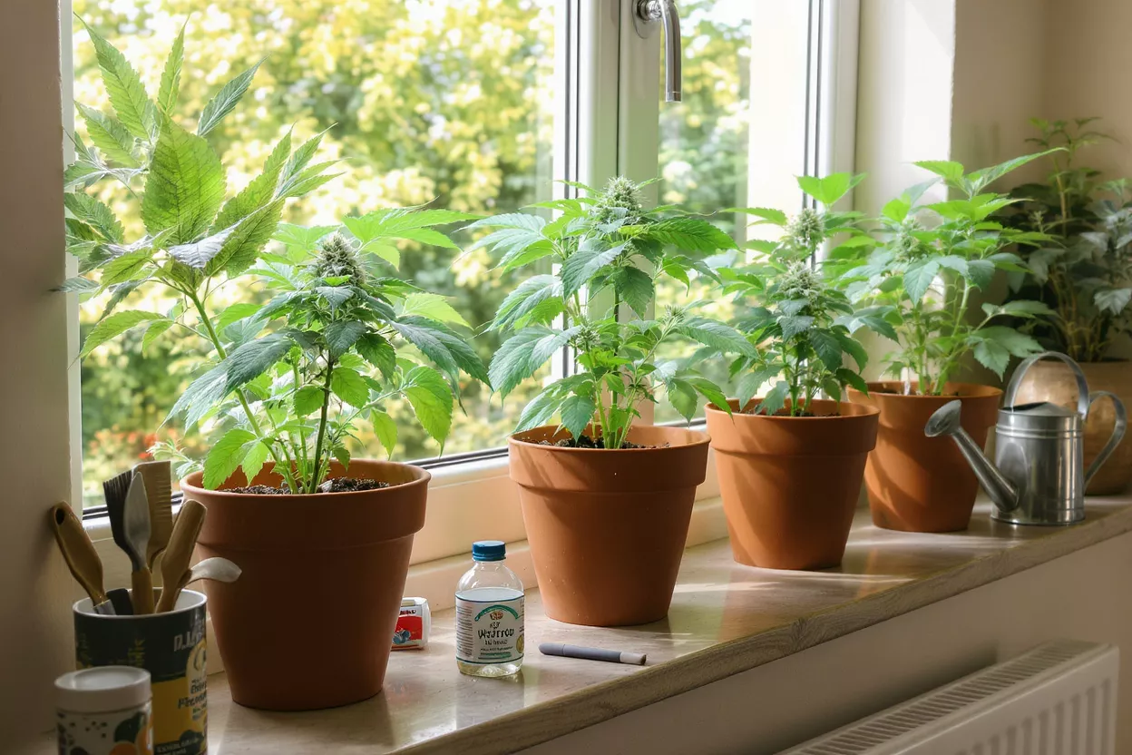 Several potted cannabis plants on a window sill with a watering can.