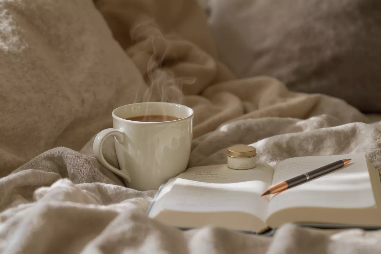Steaming coffee mug, open journal, pen, and small tin on soft beige bedding.