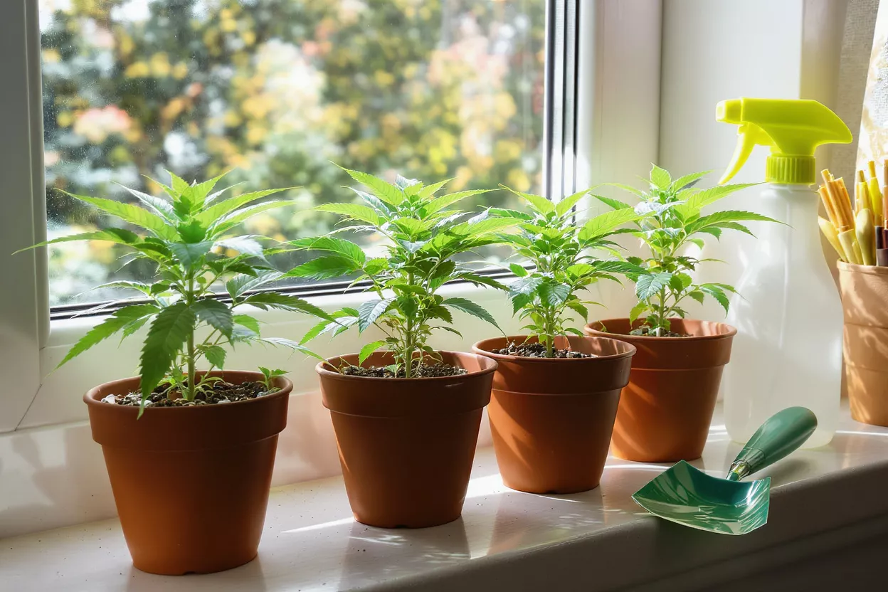 Four small green plants in terracotta pots on a sunlit windowsill with gardening tools.
