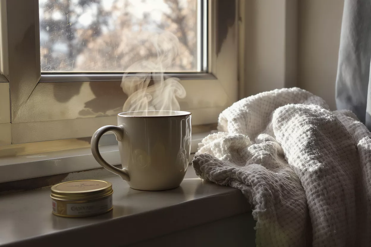 Steaming mug on a windowsill with a white blanket and a small tin.