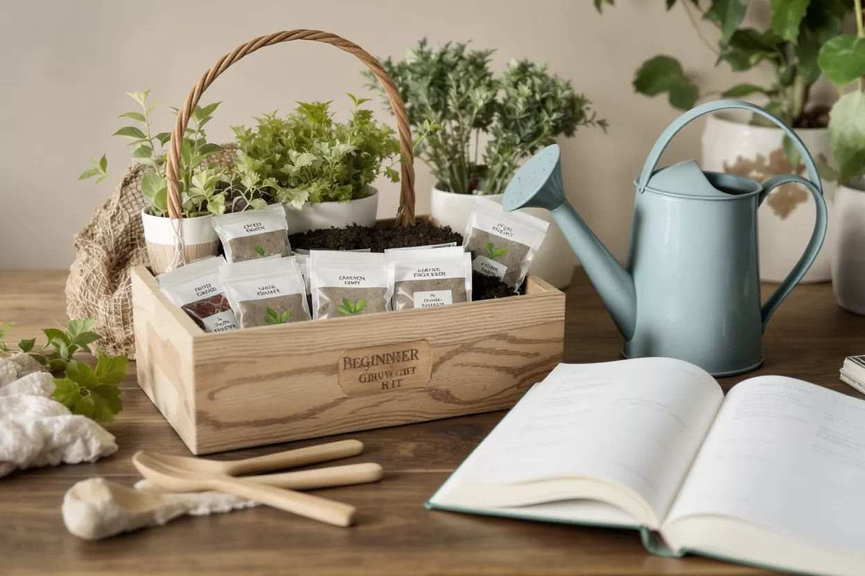 Un kit de cultivo para principiantes de madera con paquetes de semillas, una regadera y plantas en maceta.